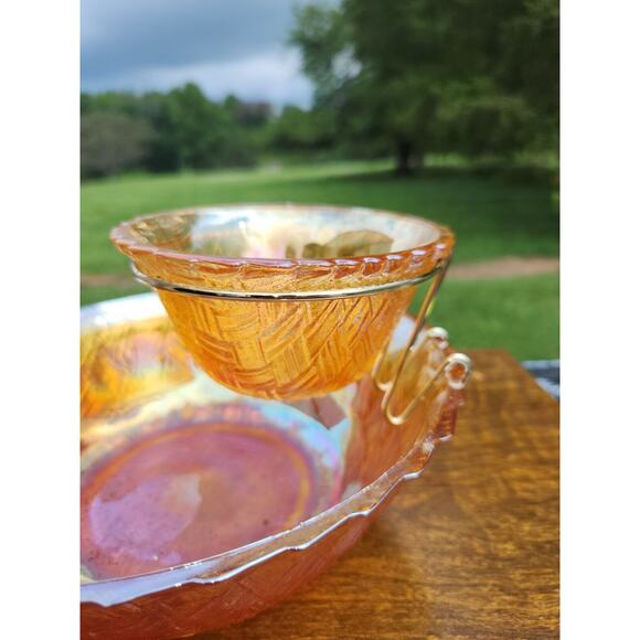 Indiana Glass Co Iridescent chip and dip bowl Golden tone 3 piece set NIB #2872 - Picture 3 of 5